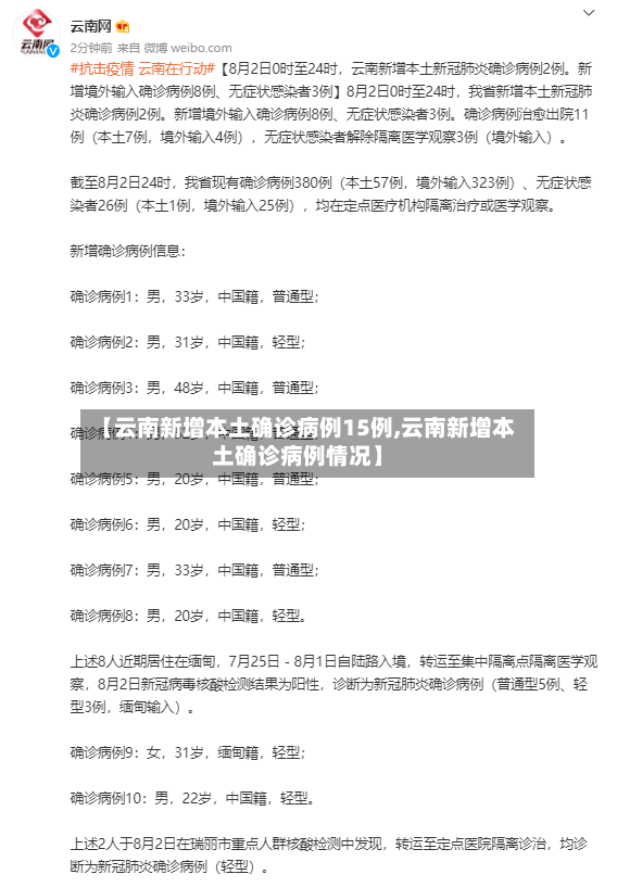 【云南新增本土确诊病例15例,云南新增本土确诊病例情况】