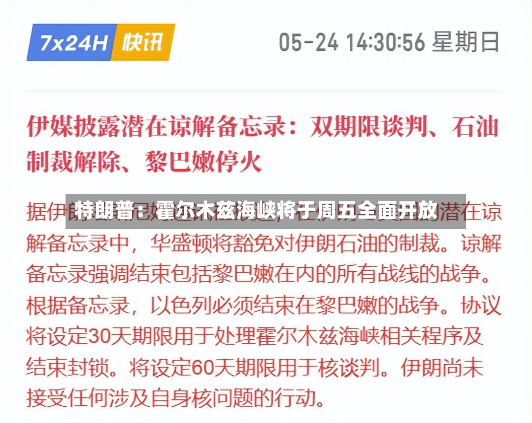特朗普：霍尔木兹海峡将于周五全面开放